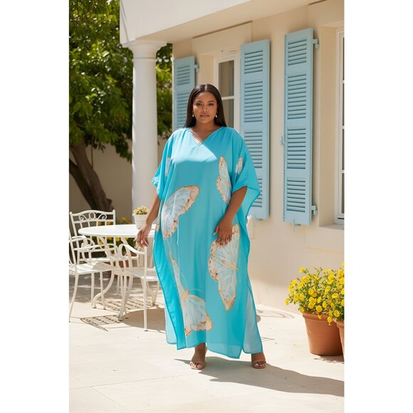 Gypsie Blu Women Butterfly Printed Caftan Kimono Dress Maxi for Summer Party - Picture 1 of 9